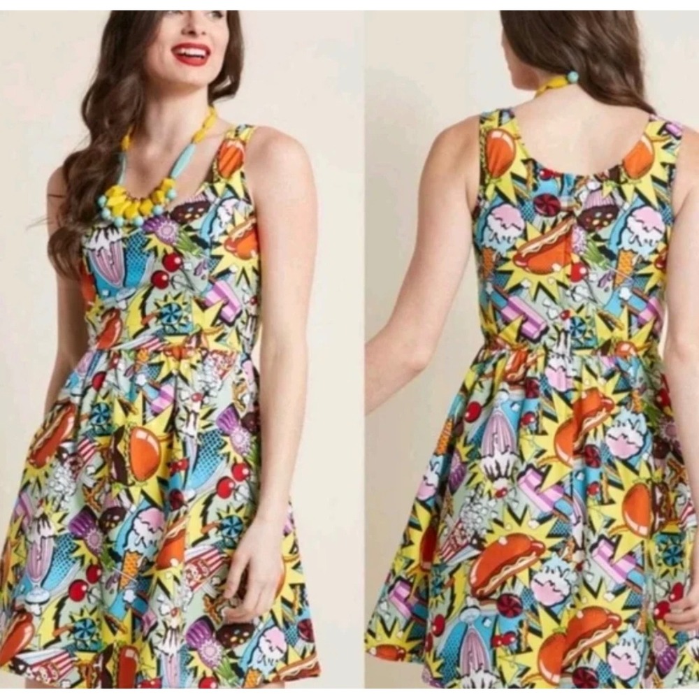 ModCloth Folter Pop Art Retro Dress Small Snack Attack Food Comic 100% Cotton